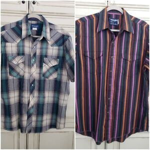 Two Vtg Wrangler Pearl Snap Shirts Lg Cowboy‎ Cut X Long Tails Striped Plaid